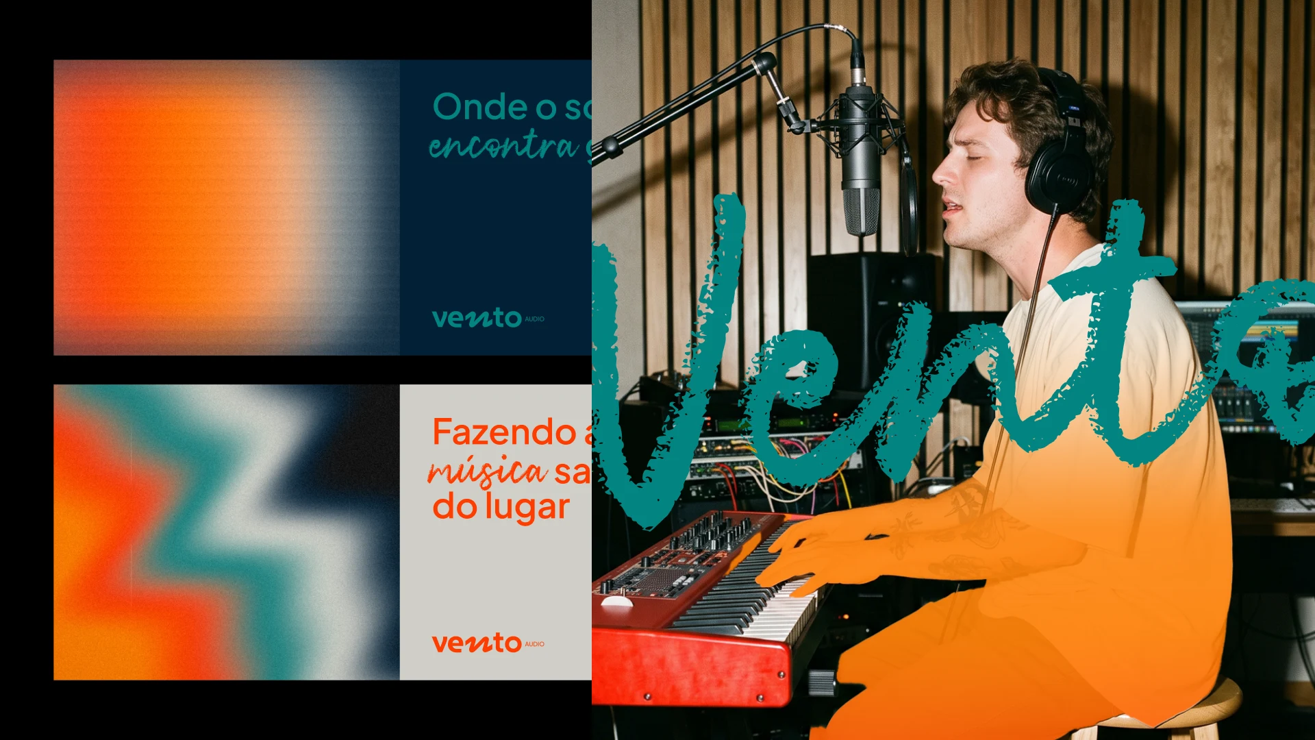 Identidade Vento Audio em composições gráficas e fotografia